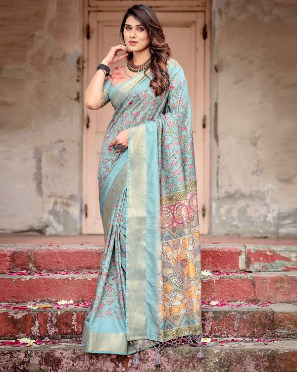 Sky Blue Tussar Silk Saree Online