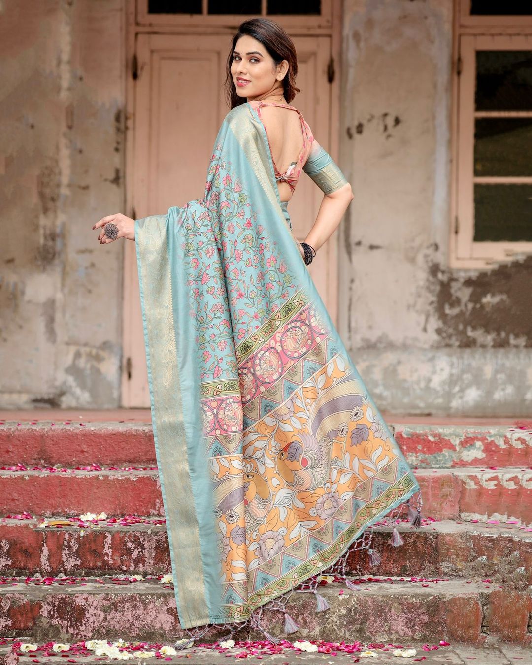 Sky Blue Tussar Silk Saree Online