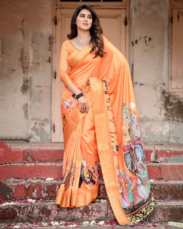 Orange Tussar Silk Saree Online with Zari | Varnavi