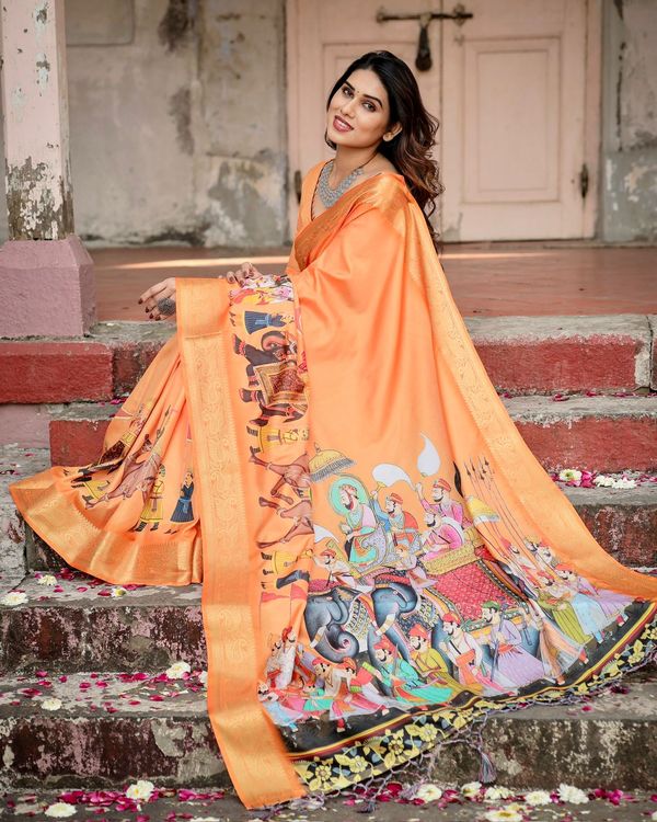 Orange Tussar Silk Saree Online with Zari | Varnavi