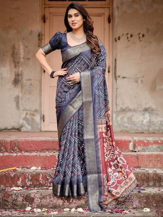 Navy Blue Tussar Silk Saree Online | Varnavi