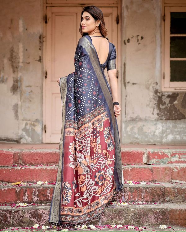 Navy Blue Tussar Silk Saree Online | Varnavi