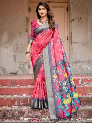 Royal Wine Bandhani Tussar Silk Saree with Zari Border