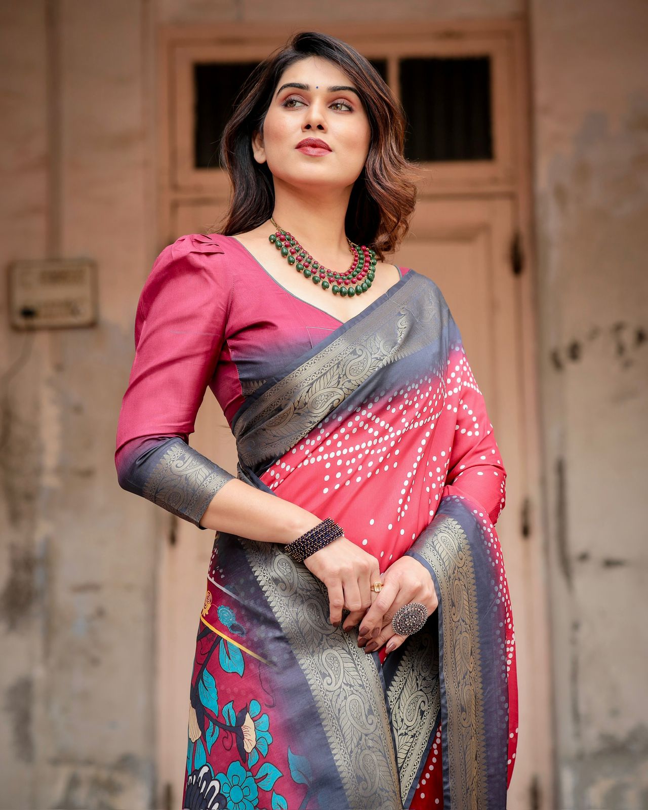 Royal Wine Bandhani Tussar Silk Saree with Zari Border