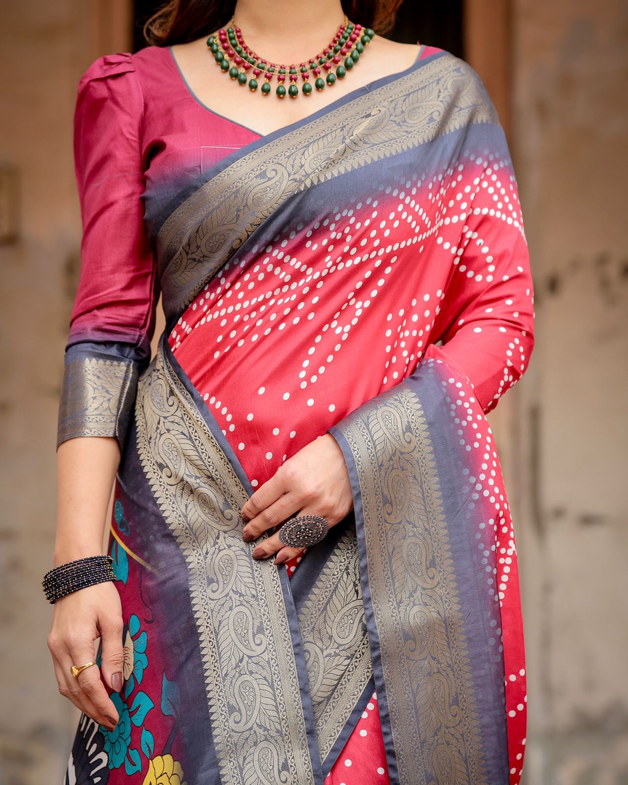 Royal Wine Bandhani Tussar Silk Saree with Zari Border