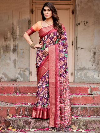 Purple Ikat Tussar Silk Saree Online | Varnavi