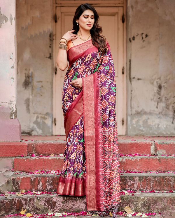 Purple Ikat Tussar Silk Saree Online | Varnavi