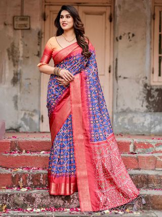 Blue Red Ikat Silk Saree Online with Zari | Varnavi