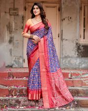 Blue Red Ikat Silk Saree Online with Zari | Varnavi - Blue