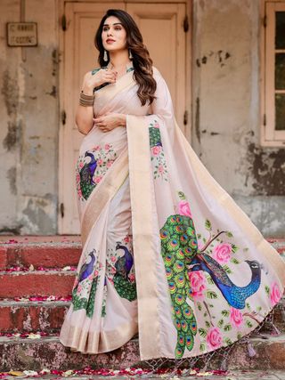 Designer Ivory Silk Saree with Peacock Motif Gold Zari Border