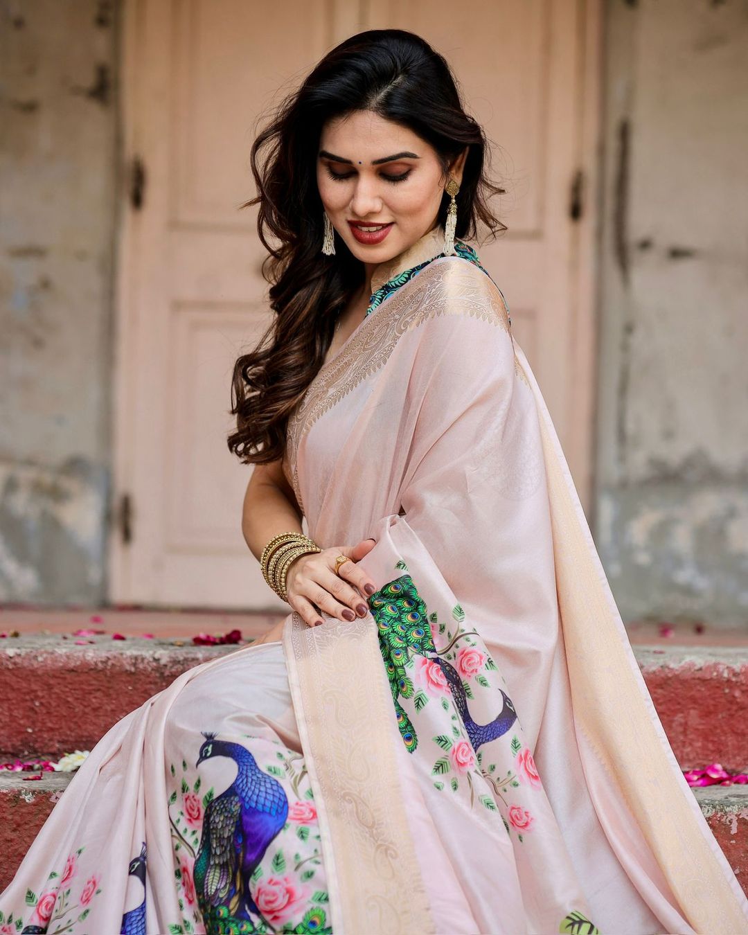 Designer Ivory Silk Saree with Peacock Motif Gold Zari Border