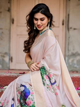Designer Ivory Silk Saree with Peacock Motif Gold Zari Border