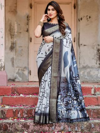 Designer Black & White Abstract Soft Silk Saree