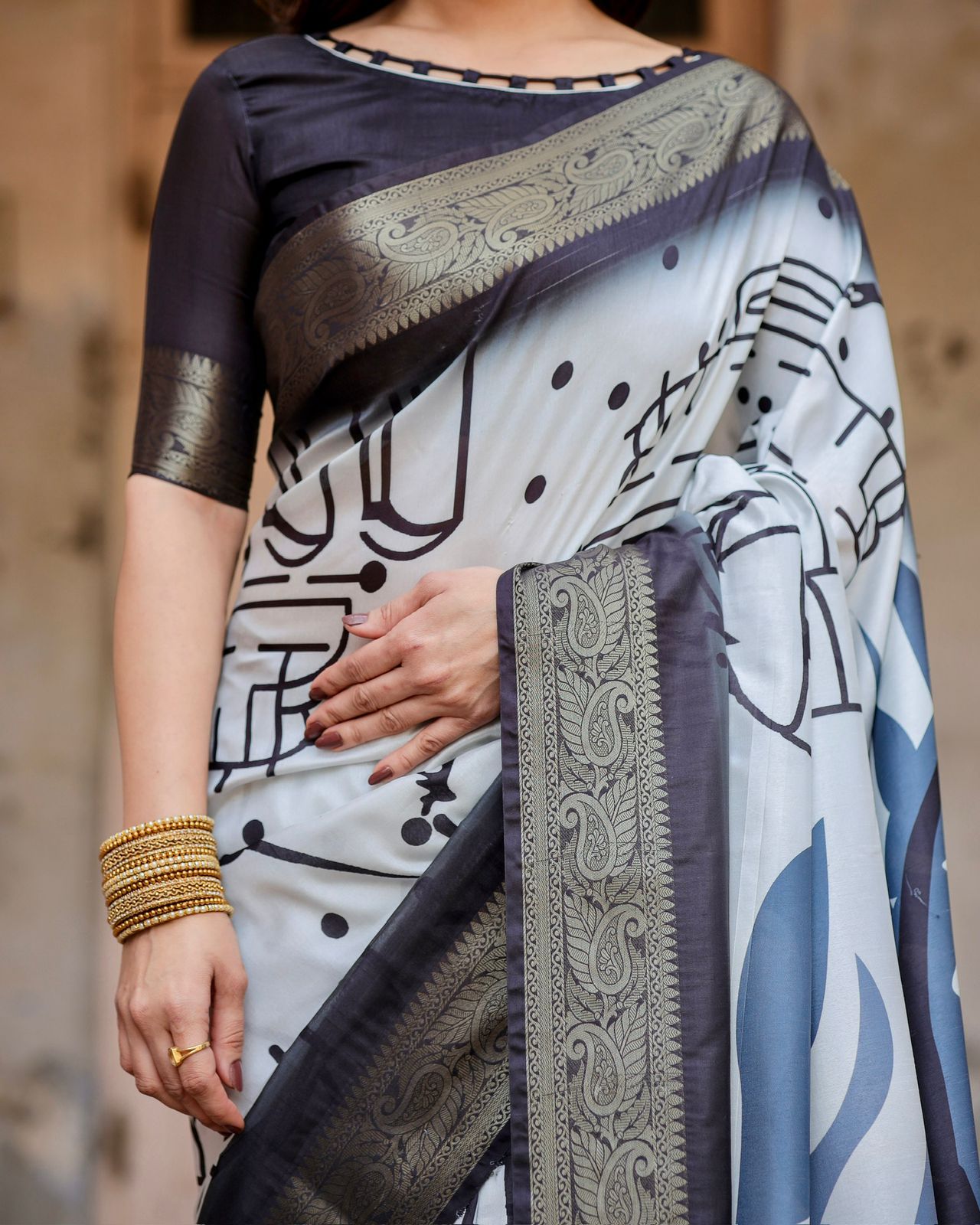 Designer Black & White Abstract Soft Silk Saree