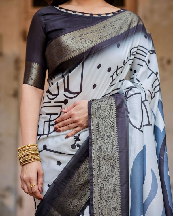 Designer Black & White Abstract Soft Silk Saree