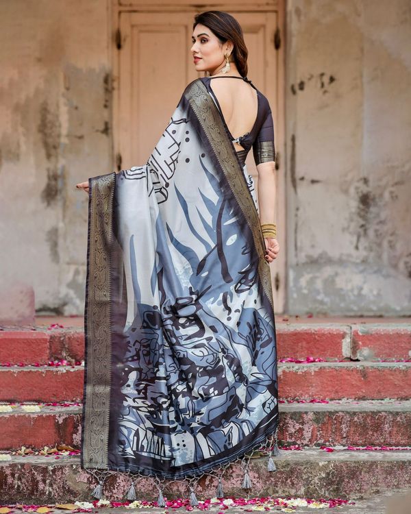 Designer Black & White Abstract Soft Silk Saree