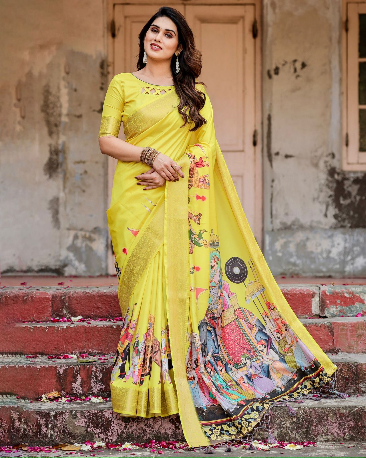 Varnavi Yellow Heritage Digital Print Silk Saree with Zari Border & Mughal Pallu
