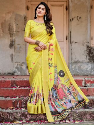 Varnavi Yellow Heritage Digital Print Silk Saree with Zari Border & Mughal Pallu