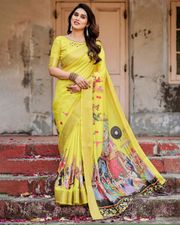 Varnavi Yellow Heritage Digital Print Silk Saree with Zari Border & Mughal Pallu - Yellow