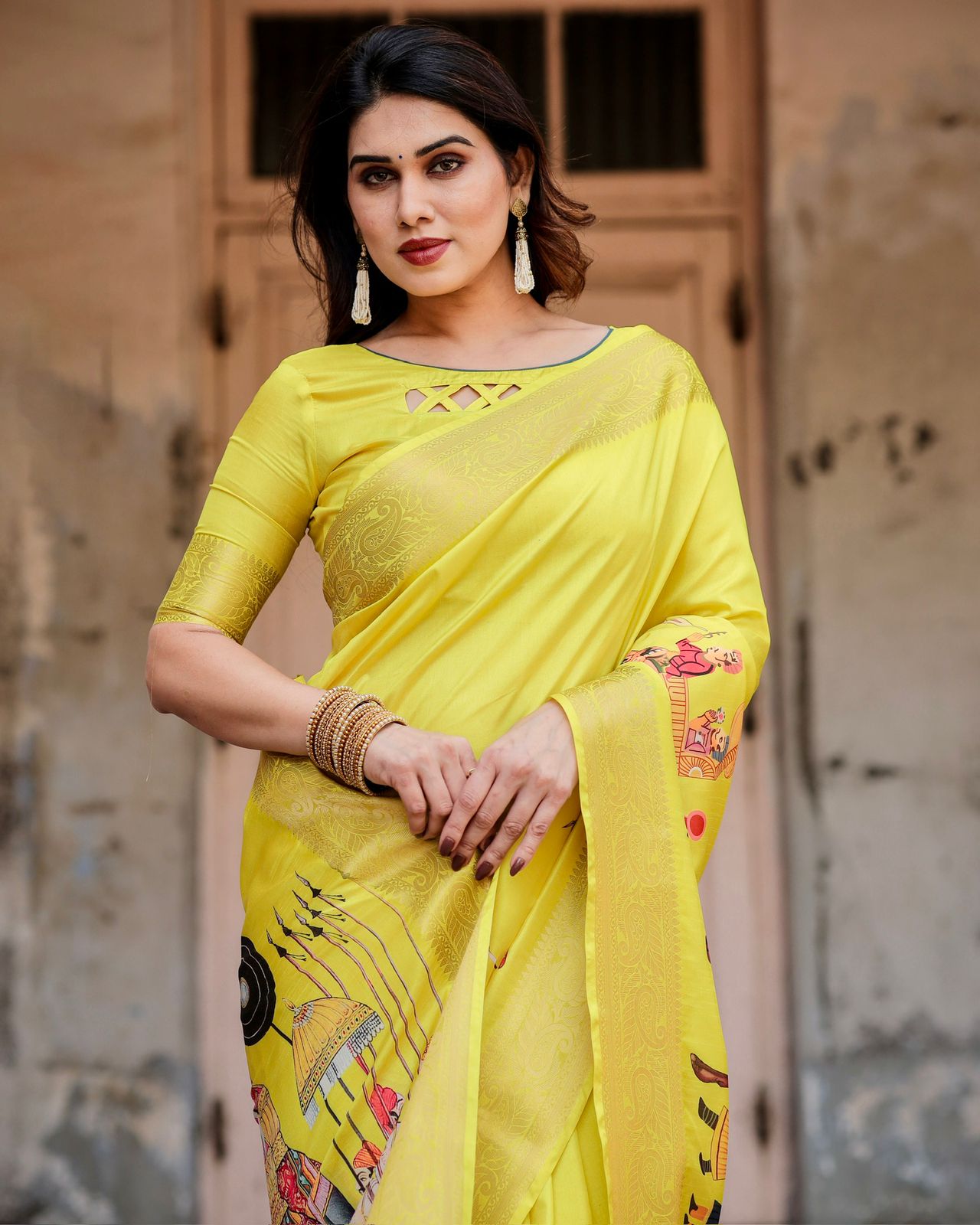 Varnavi Yellow Heritage Digital Print Silk Saree with Zari Border & Mughal Pallu