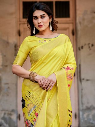 Varnavi Yellow Heritage Digital Print Silk Saree with Zari Border & Mughal Pallu