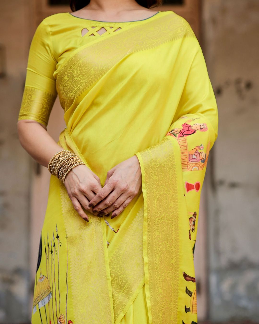 Varnavi Yellow Heritage Digital Print Silk Saree with Zari Border & Mughal Pallu