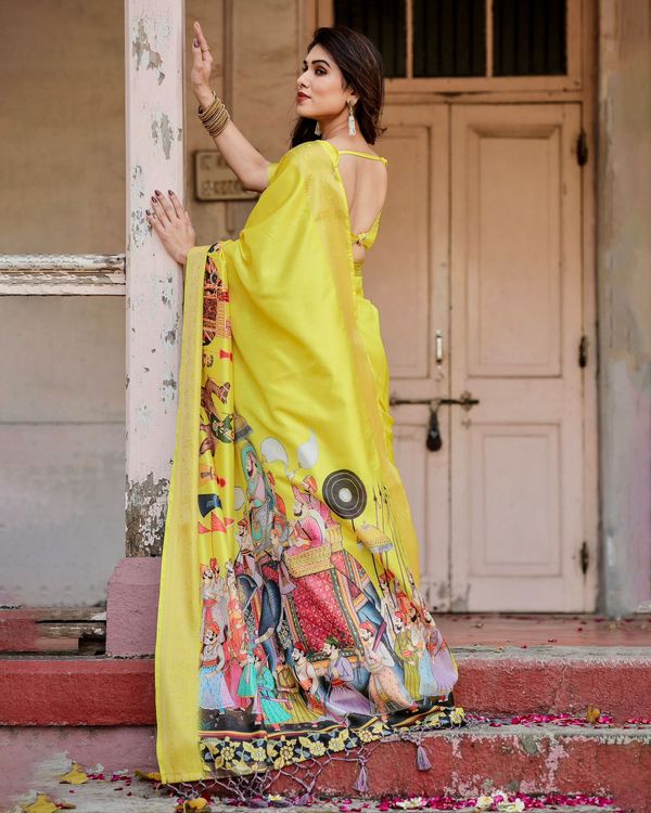 Varnavi Yellow Heritage Digital Print Silk Saree with Zari Border & Mughal Pallu
