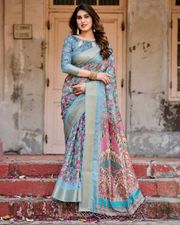 Blue Floral Heritage Silk Saree Online – Varnavi - Sky Blue