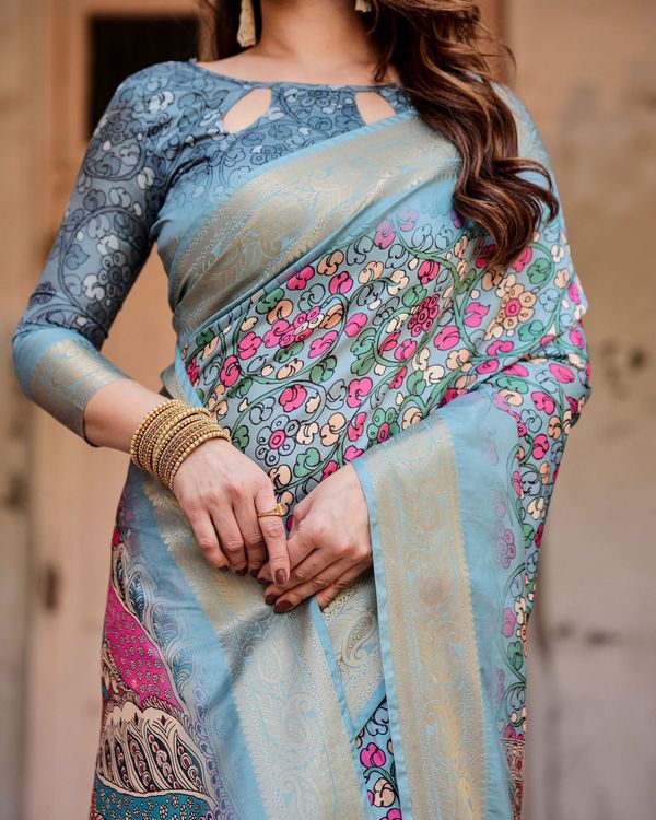 Blue Floral Heritage Silk Saree Online – Varnavi