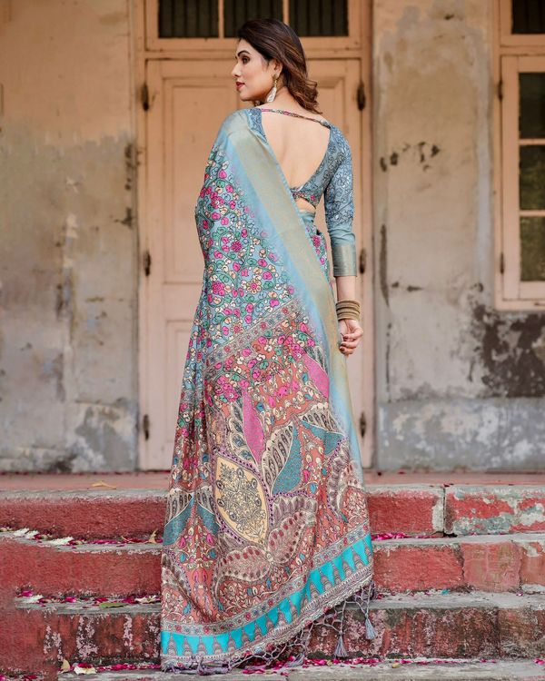 Blue Floral Heritage Silk Saree Online – Varnavi