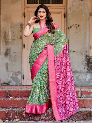 Designer Green Pink Wedding Wear Silk Saree