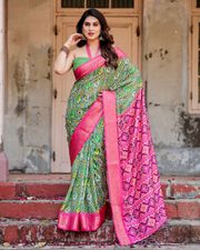 Designer Green Pink Wedding Wear Silk Saree - Green