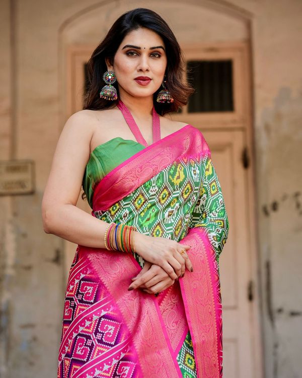 Designer Green Pink Wedding Wear Silk Saree