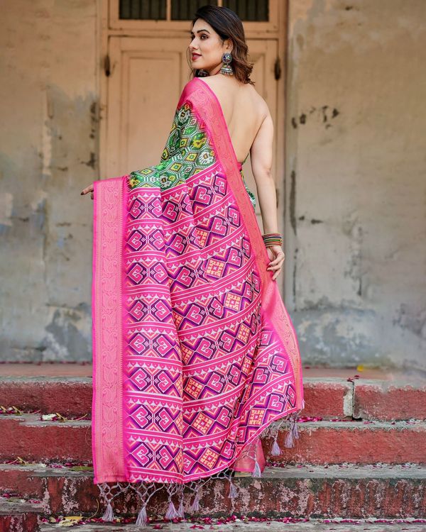 Designer Green Pink Wedding Wear Silk Saree