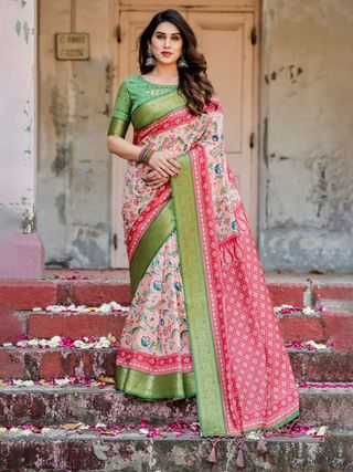 Pink Green Floral Silk Saree with Zari Border Festive