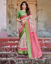 Pink Green Floral Silk Saree with Zari Border Festive - Pink
