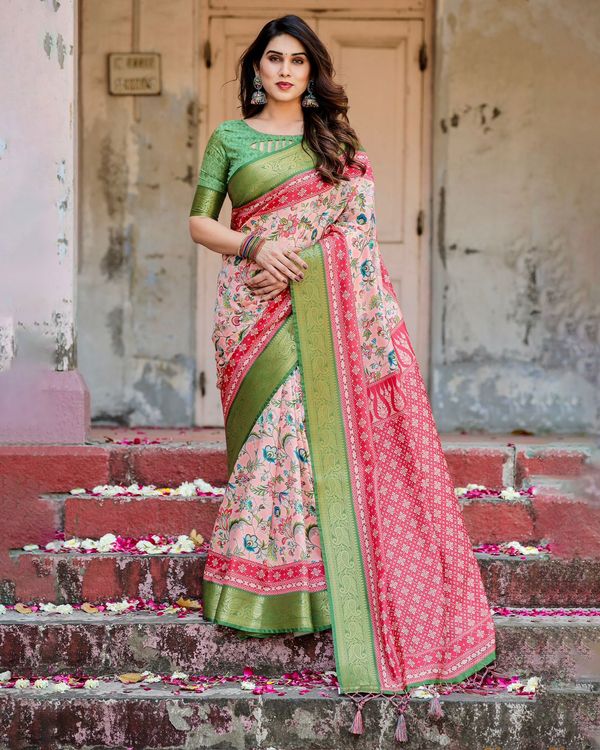 Pink Green Floral Silk Saree with Zari Border Festive
