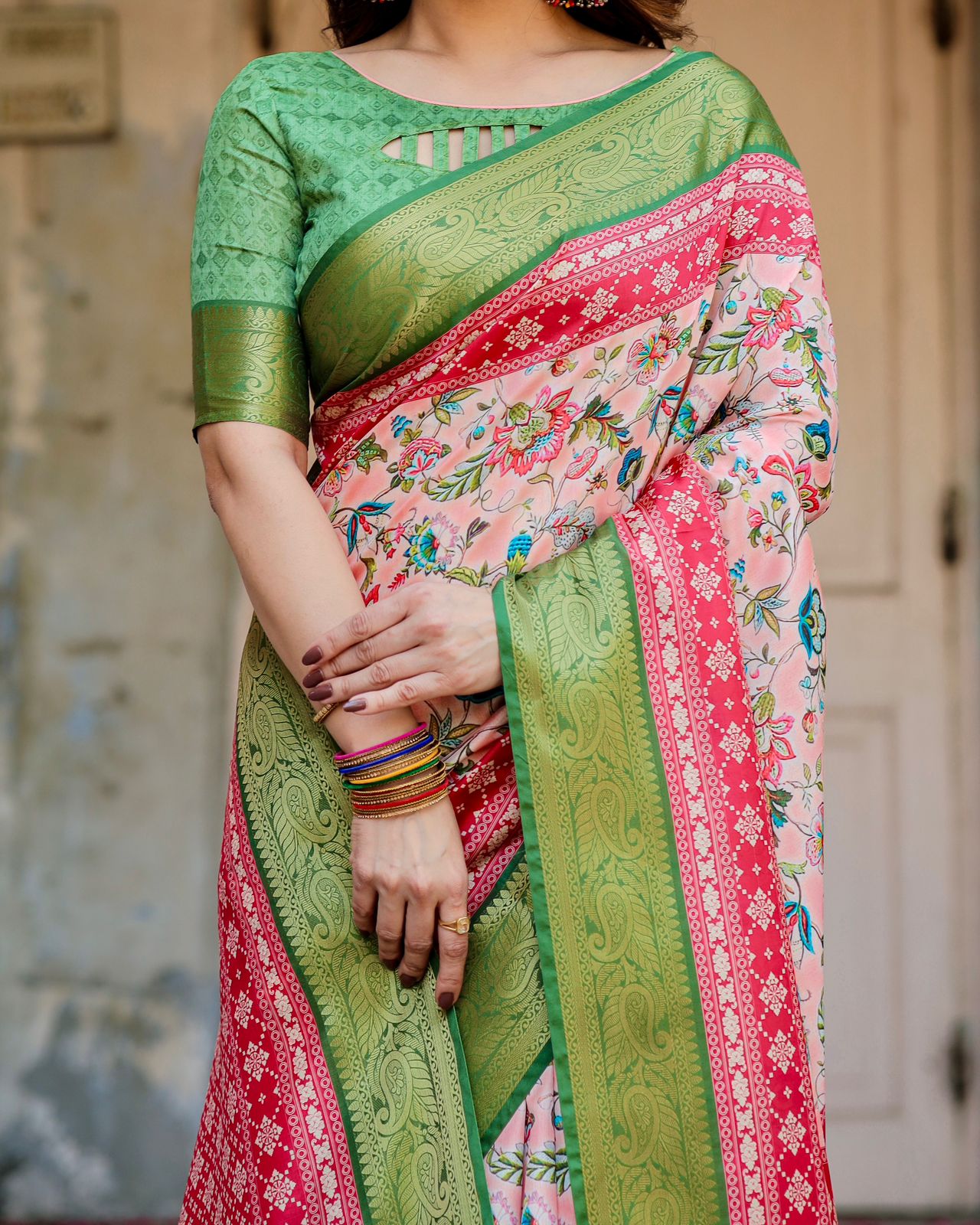 Pink Green Floral Silk Saree with Zari Border Festive