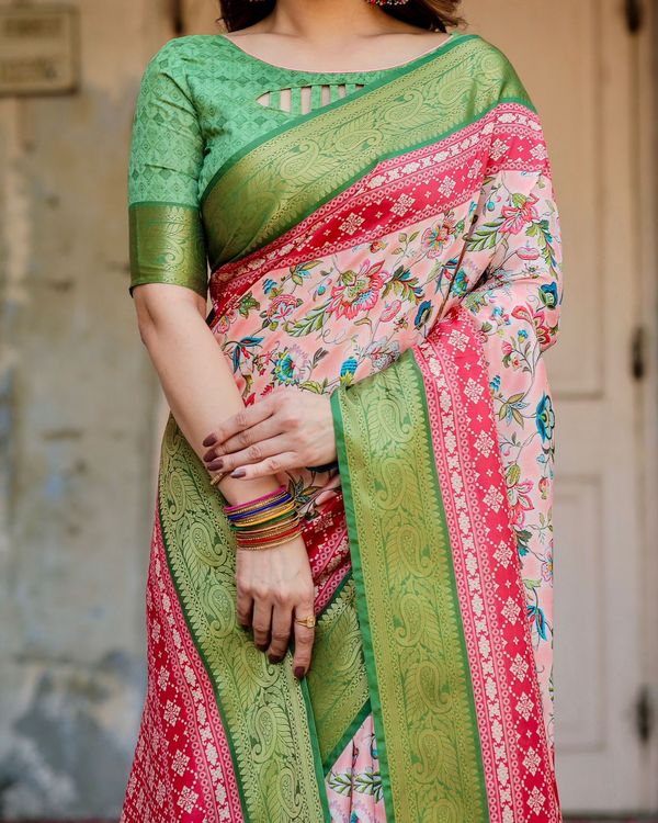 Pink Green Floral Silk Saree with Zari Border Festive