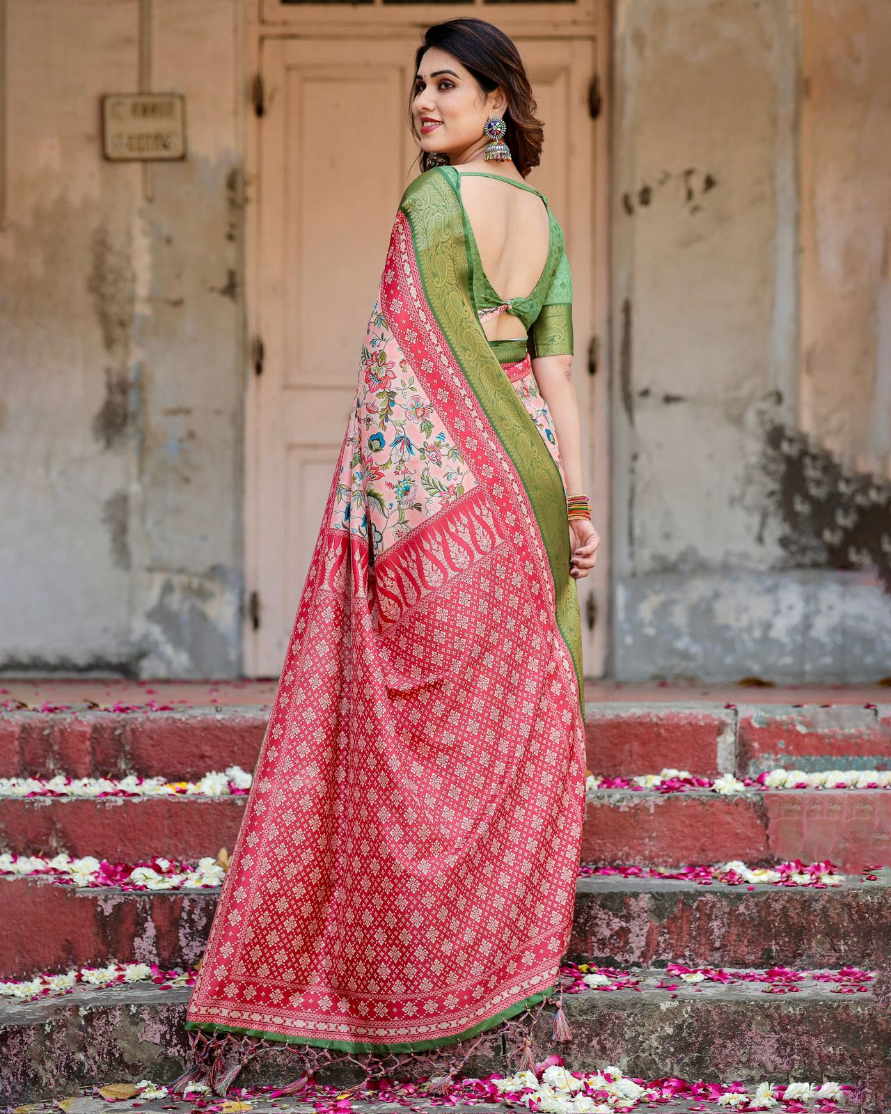 Pink Green Floral Silk Saree with Zari Border Festive