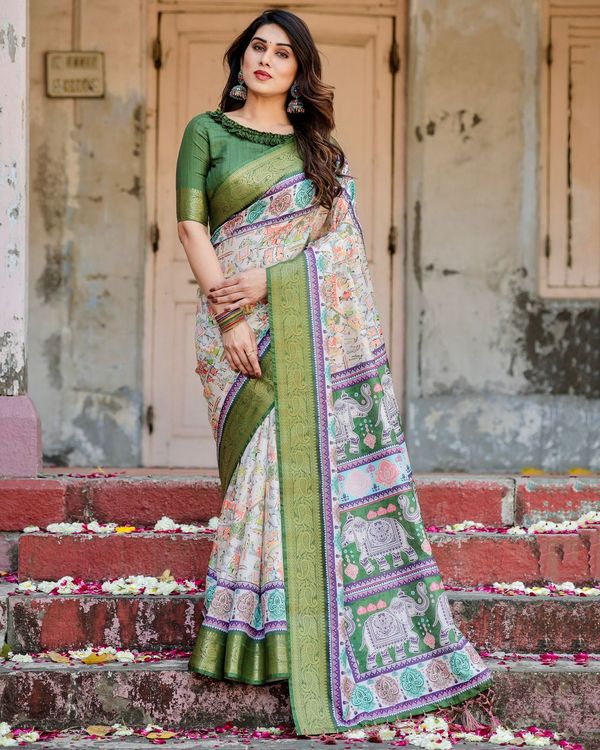 Green Ivory Printed Silk Saree with Zari Border