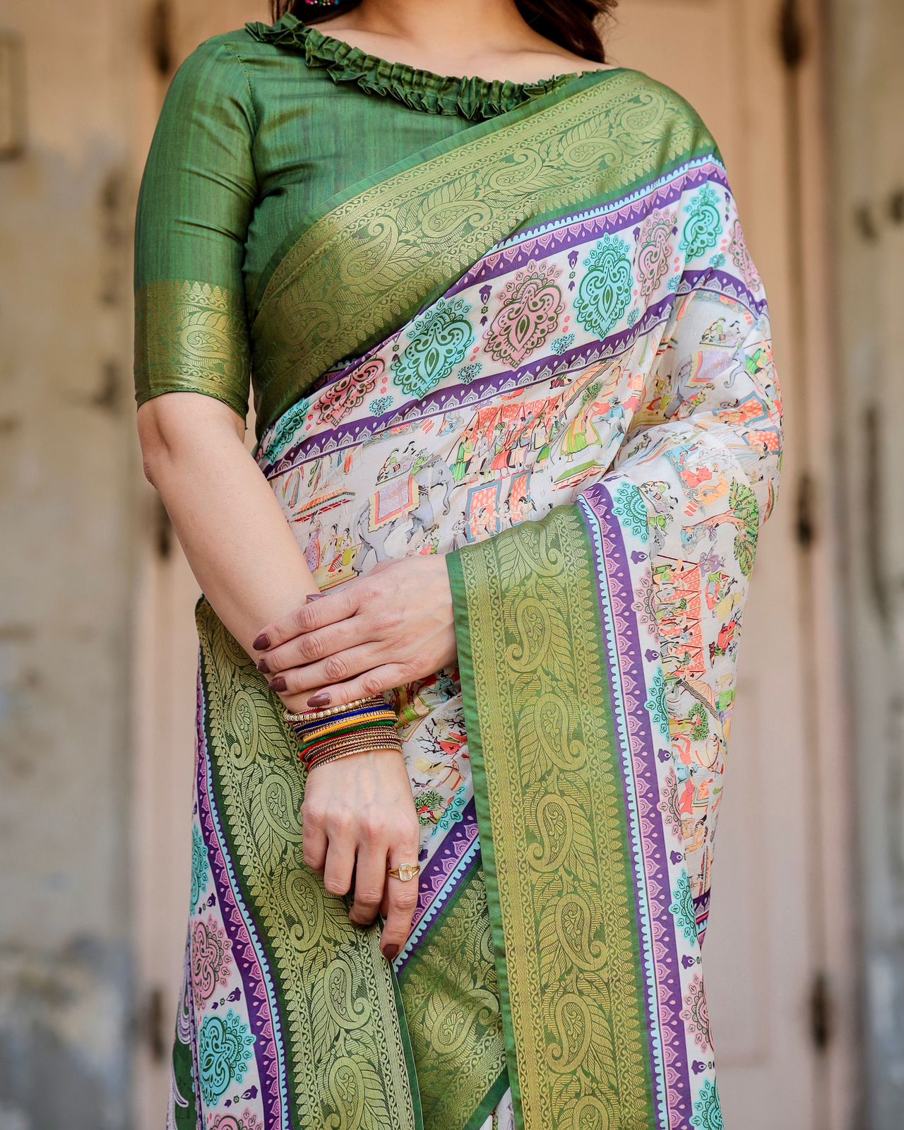 Green Ivory Printed Silk Saree with Zari Border