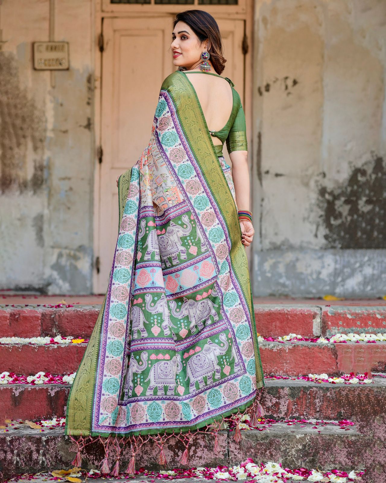 Green Ivory Printed Silk Saree with Zari Border