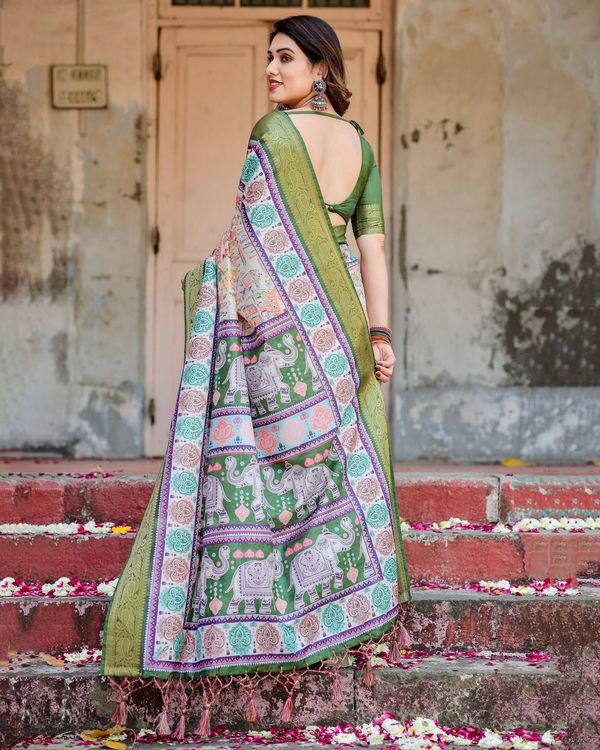 Green Ivory Printed Silk Saree with Zari Border