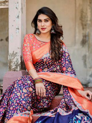 Navy Blue Floral Silk Saree with Peach Zari Border