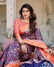 Navy Blue Floral Silk Saree with Peach Zari Border - Blue