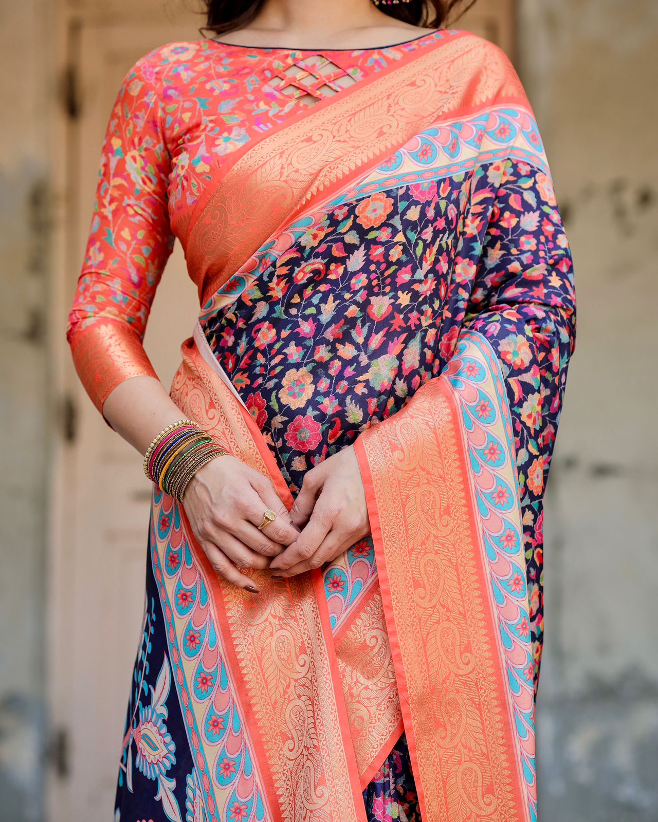 Navy Blue Floral Silk Saree with Peach Zari Border