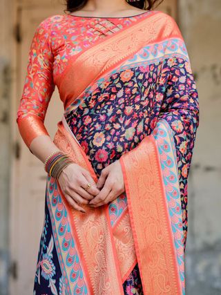 Navy Blue Floral Silk Saree with Peach Zari Border