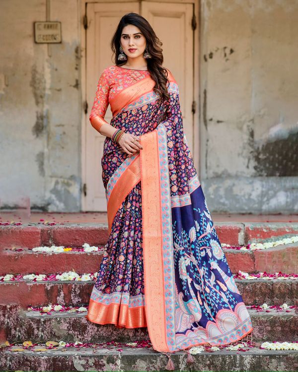 Navy Blue Floral Silk Saree with Peach Zari Border