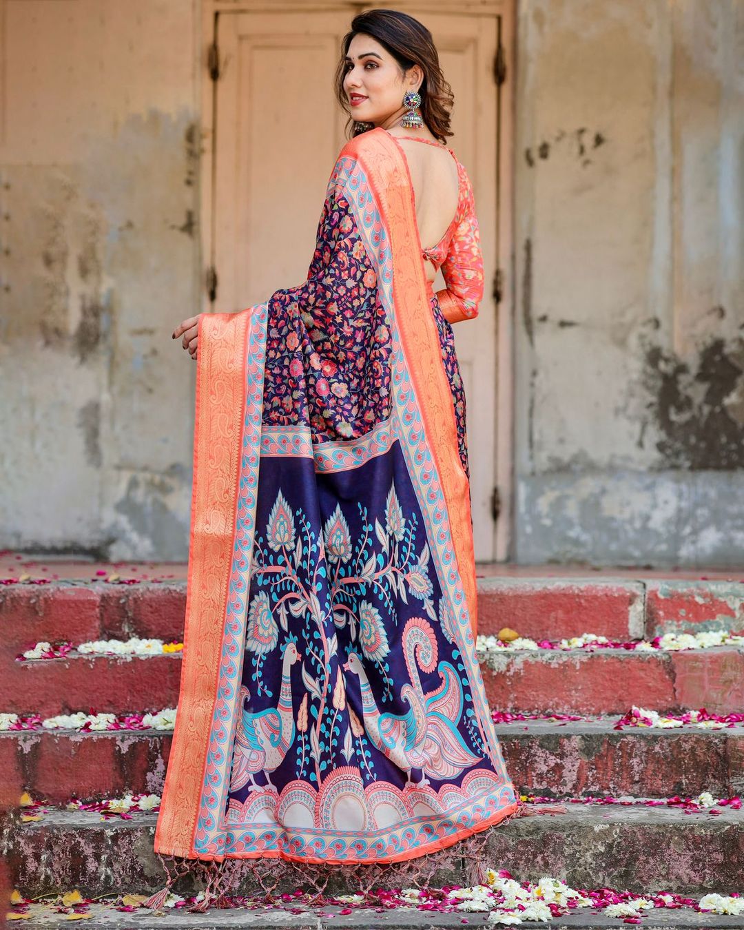 Navy Blue Floral Silk Saree with Peach Zari Border
